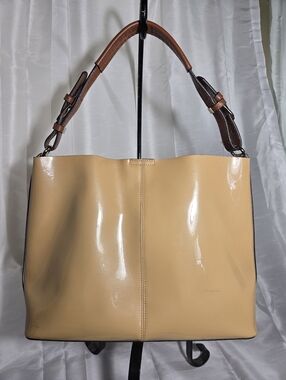 Tan Patent Leather Tote Bag with Brown Handle For Hand Or Shoulder